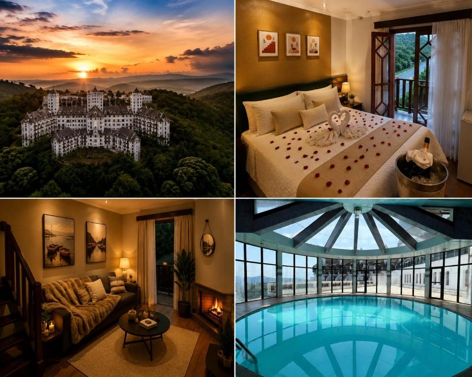 a collage of four pictures of a hotel room with a pool at Luxo no Castelo - Duplex Premium com Lazer total e Piscina aquecida in Campos do Jordão