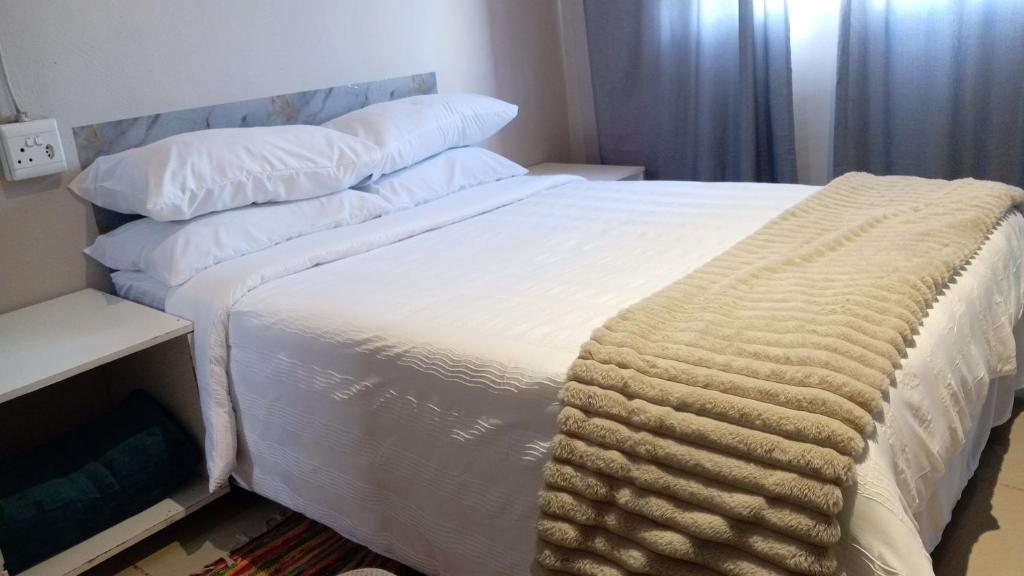 a bedroom with a large bed with white sheets and pillows at NGEBE Lodge jozini in Jozini