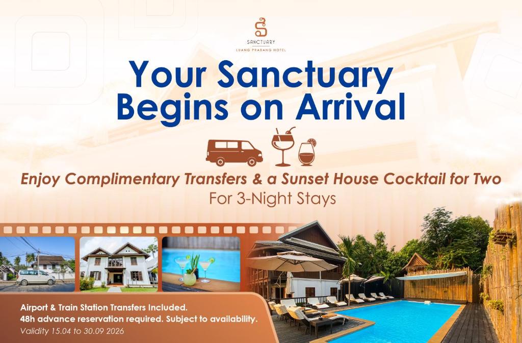 a flyer for a hotel with a swimming pool and a resort at Sanctuary Hotel Luang Prabang in Luang Prabang