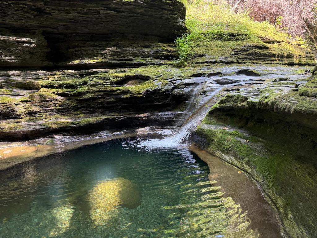 a waterfall on a rocky hill with a pool of water at Seneca Gorge Glamping in Hector