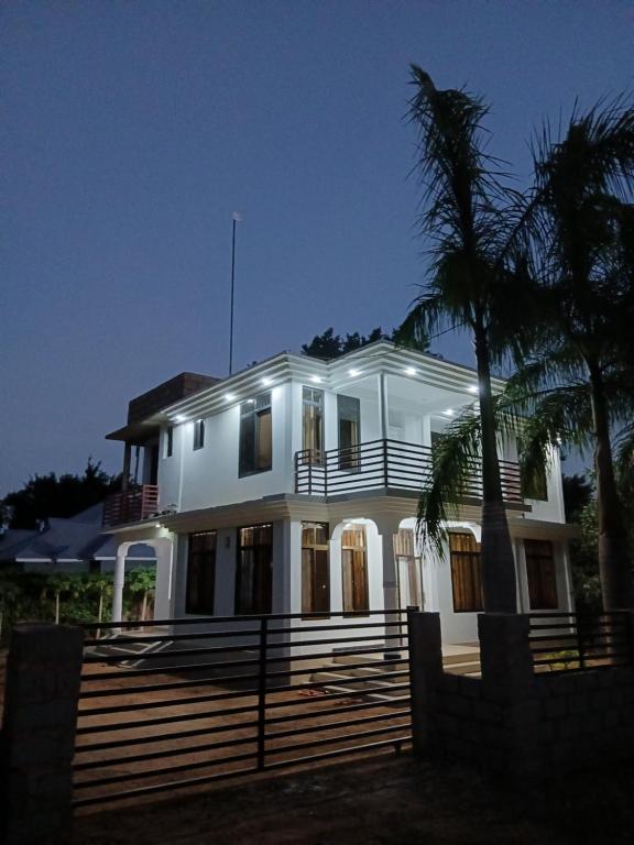a white house with a palm tree in front of it at Hidalgo Explorers Home in Moshi