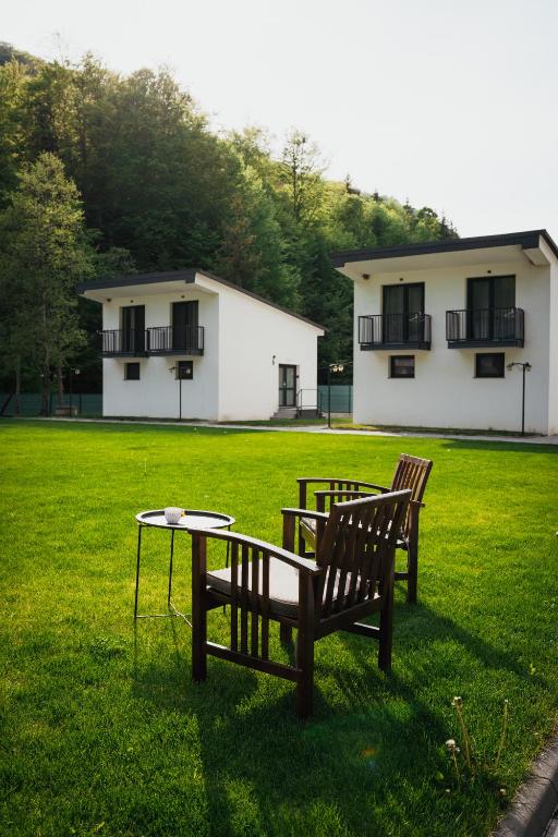 two benches and a table in a field with a building at WhiteBergHaus Colibita in Colibiţa