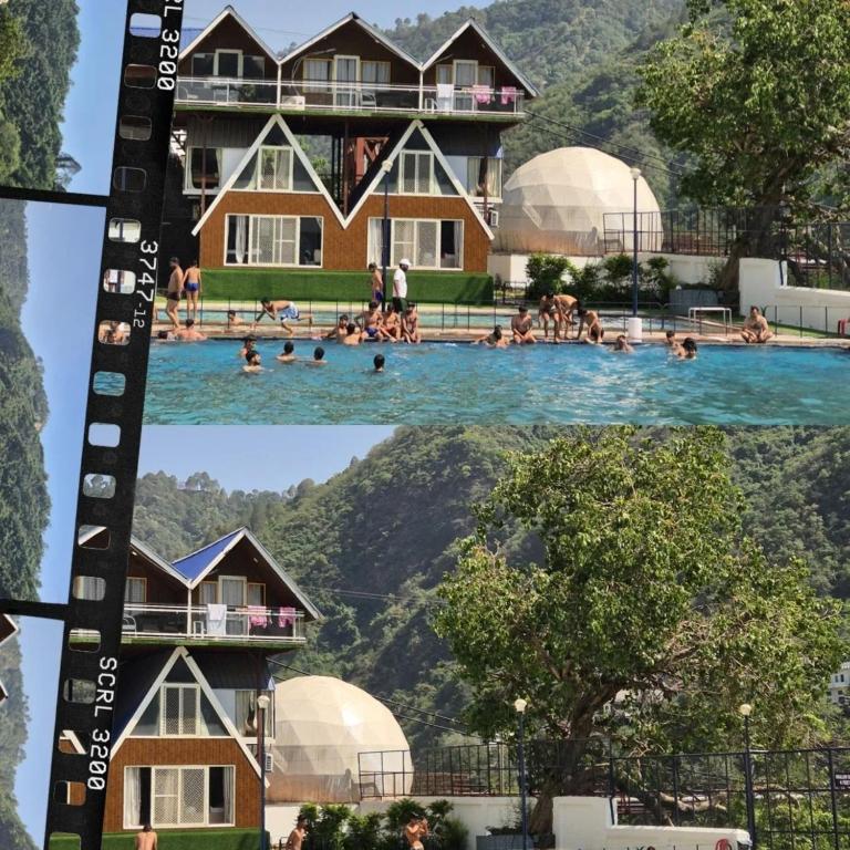 a collage of two pictures of a house and a swimming pool at Da Shack in Mandi