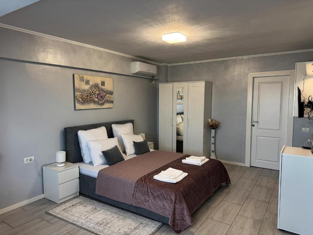 a bedroom with a large bed in a room at A&C Studio Techirghiol in Techirghiol