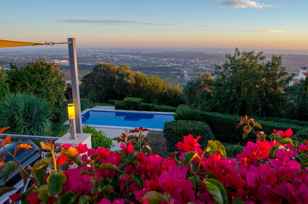 un jardín con flores rosas y una piscina en Villa Vista, en Valados