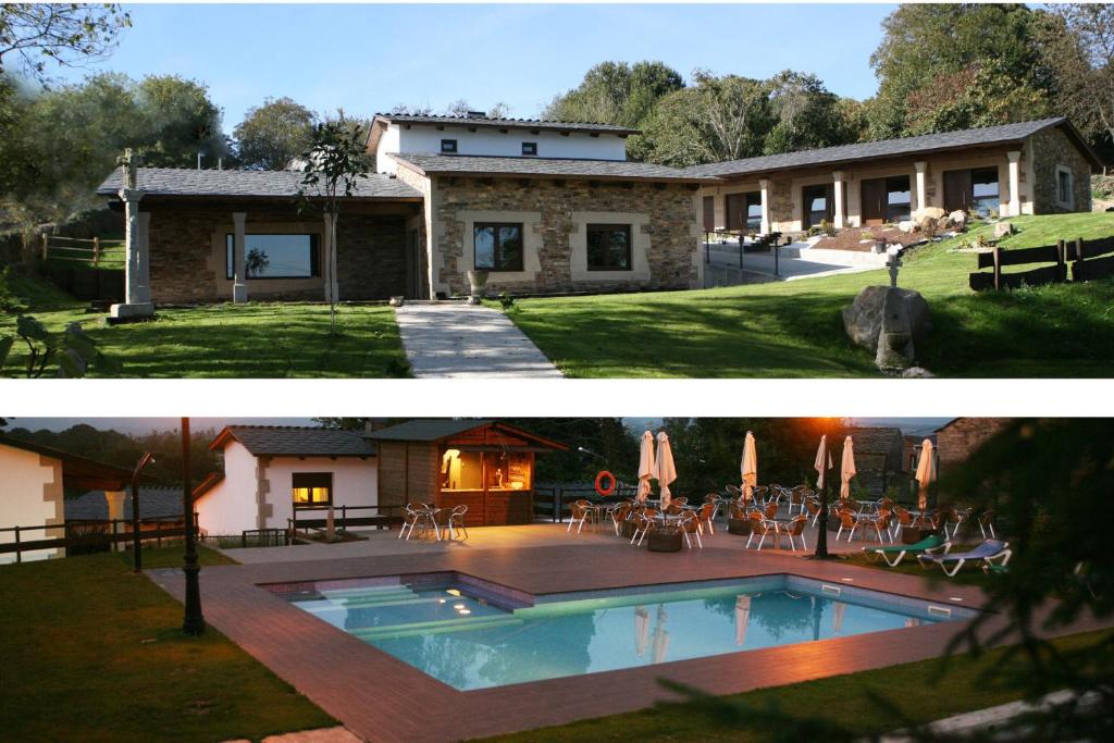 dos fotos de una casa y una piscina en Casa Barbadelo, en Sarria