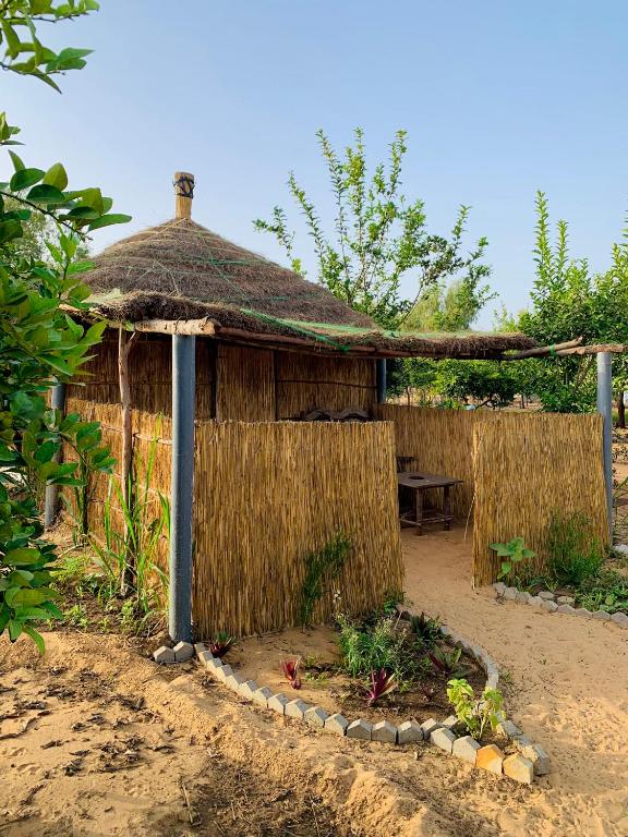 a hut with a straw roof with a bench in front at Lompoul Nature in Tioukougne Peul