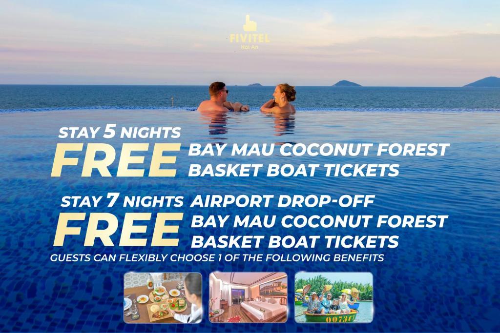 a flyer for a beach resort with a man and woman in the water at Fivitel Hoi An Hotel in Hoi An