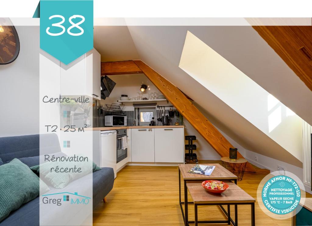 a kitchen and living room with an attic at Le 38-Appart'Hôtel-GregIMMO in Montbéliard