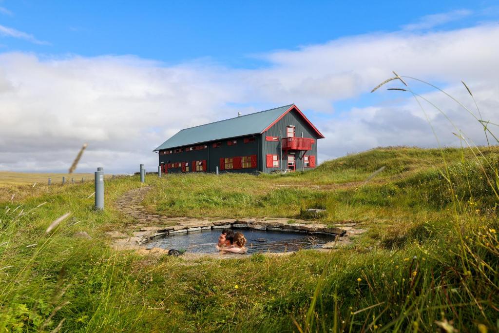 a person swimming in a pond in front of a barn at Laugarfell Accommodation & Hot Springs in Laugarfell