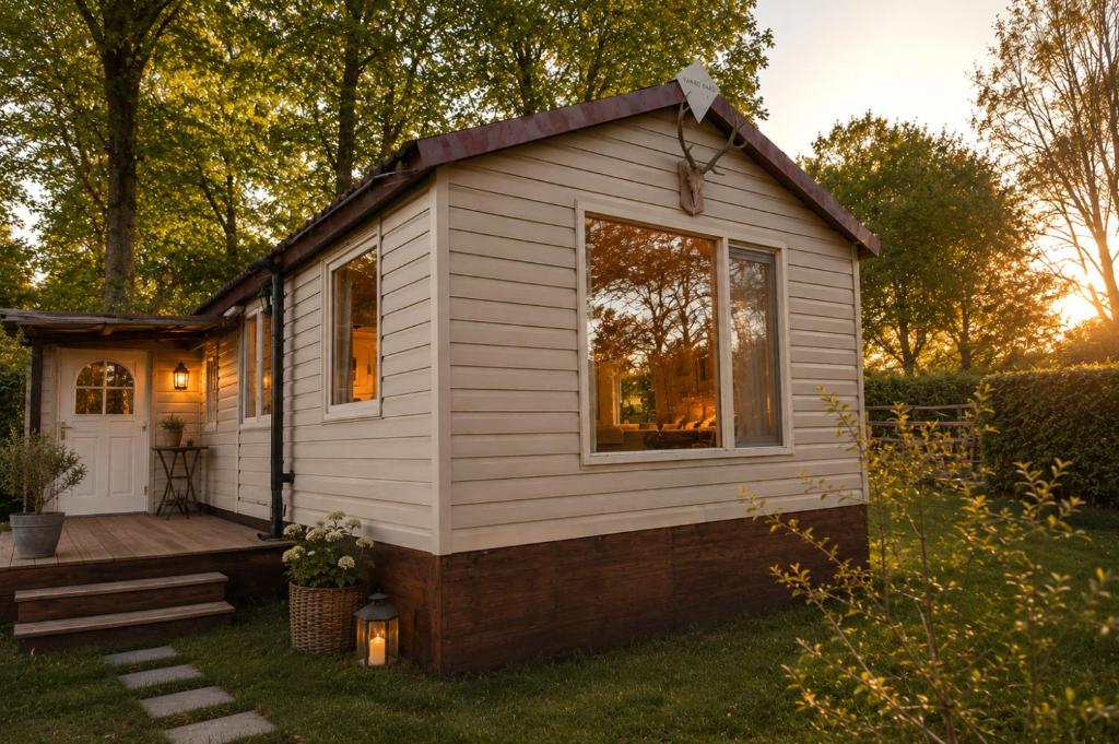 a tiny house in a yard with a porch at Chalet in de Ardennen Comfort & Stilte The Wood in Amblève
