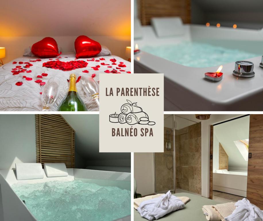 a collage of photos of a hotel room with a bed with red roses at Logement entier suite balnéo privée in Vierzon