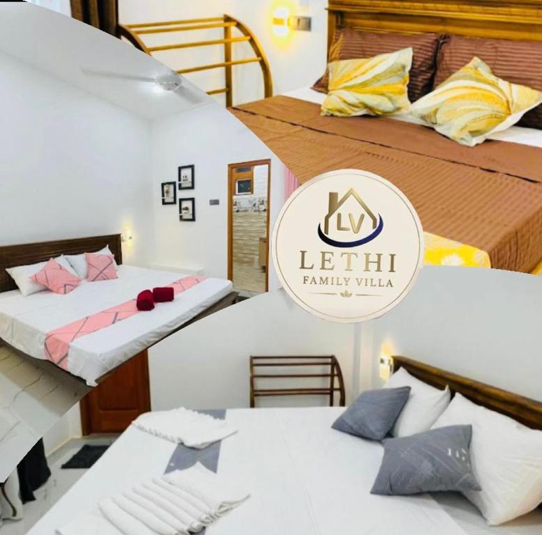 a group of three beds in a room at Lethi Family Villa in Negombo