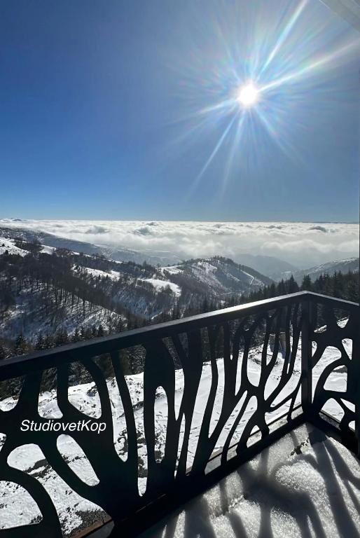 a bench with a view of the snow covered mountains at Vila Golija StudiovetKop in Kopaonik
