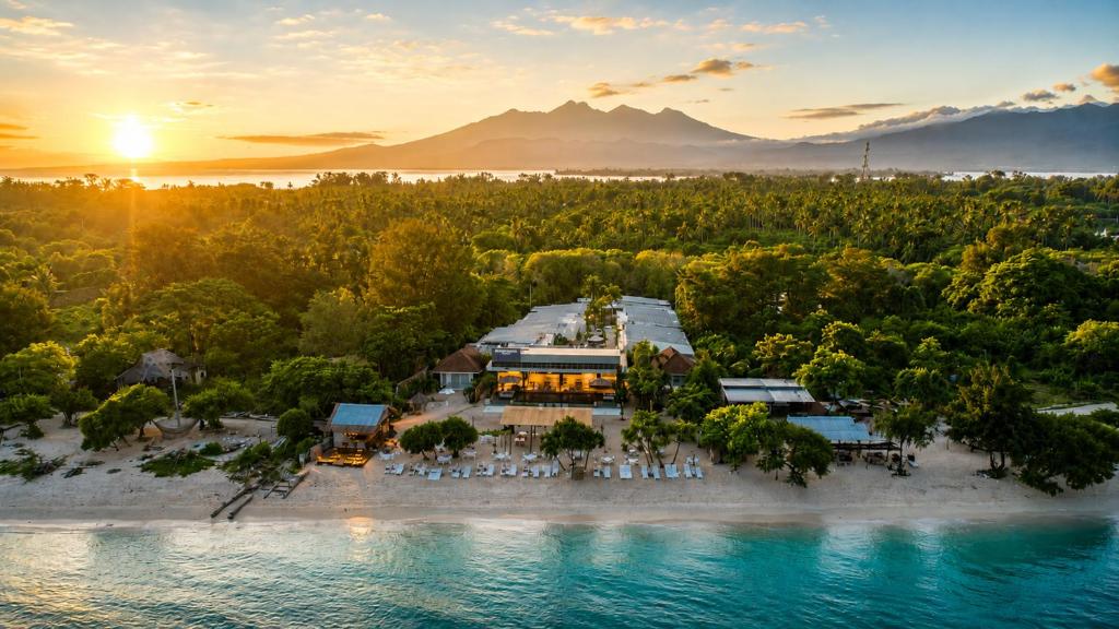 an aerial view of a resort on a beach at MAHAMAYA Gili Meno in Gili Meno
