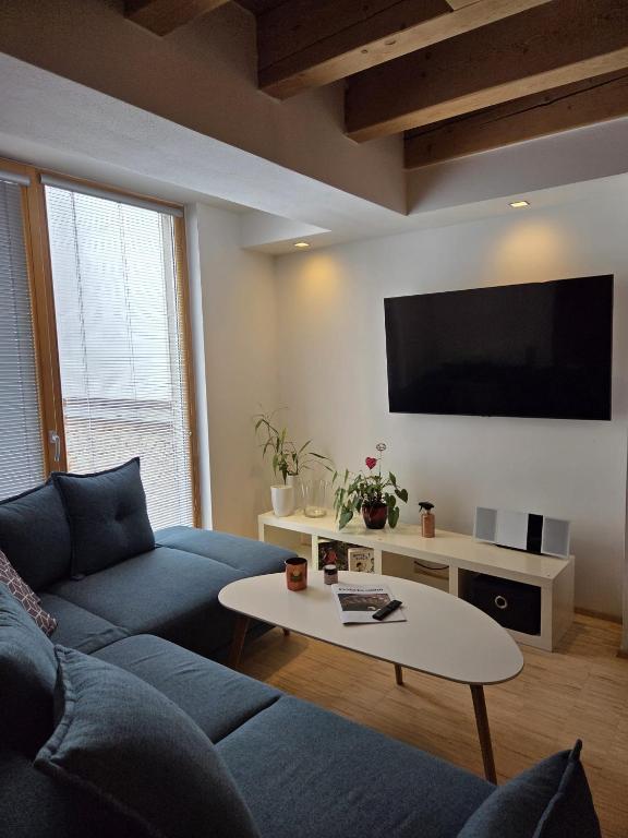 a living room with a blue couch and a tv at Apartmán Kräm in Klatovy
