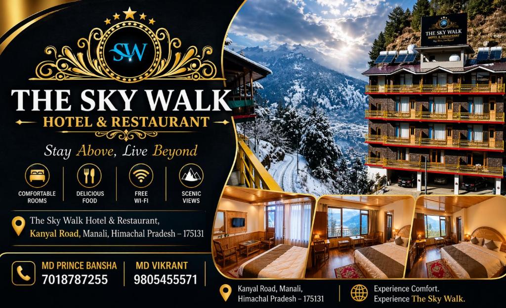 a flyer for the ski walk hotel and restaurant at The sky walk in Manāli