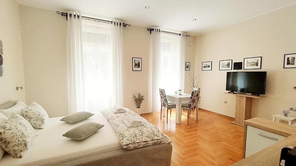 a living room with a bed and a table and a television at Lavender - City Room with free parking in Pula