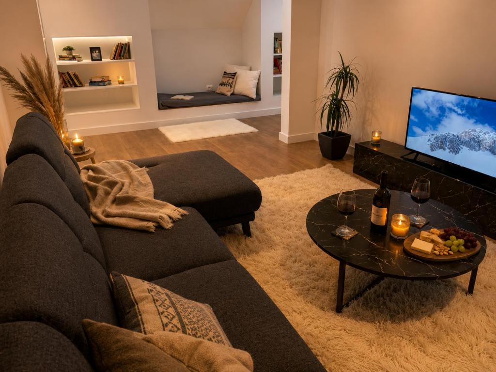 a living room with a couch and a table at Noah's Attic - Apartment Hotel in Korce in Korçë