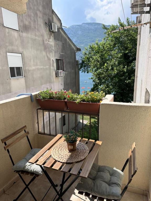 a balcony with a table and a pot of flowers at Andrea Beachside Apartment in Risan