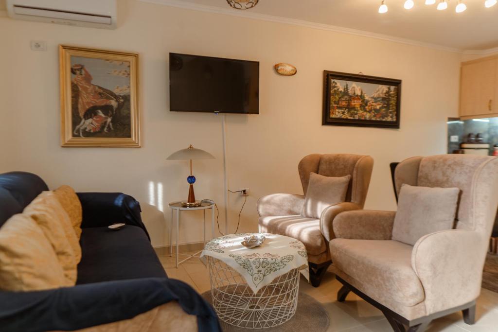 a living room with chairs and a flat screen tv at Martin Villa 2 in Gjirokastër