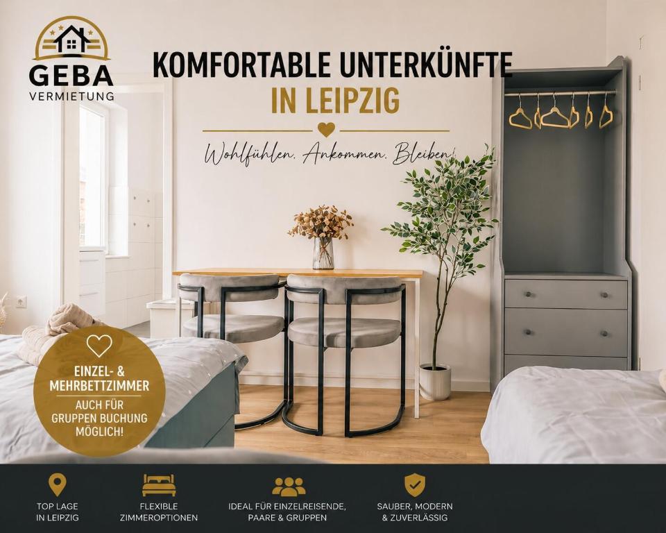 a room with a table and two bar stools at Leipzig Garden Rooms - Near Lake & easy Parking in Leipzig