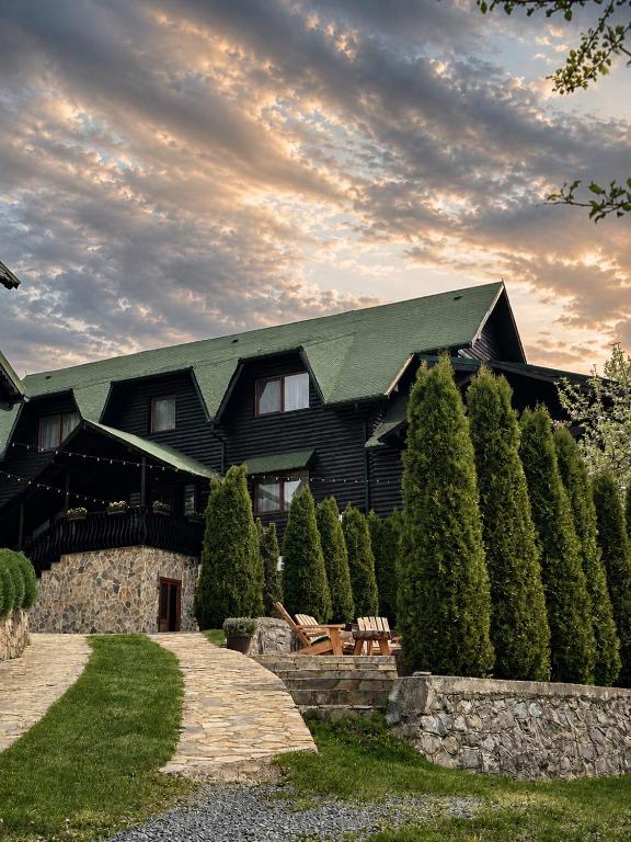 a large black house with a green roof at Pensiunea Merişor in Răchiţele