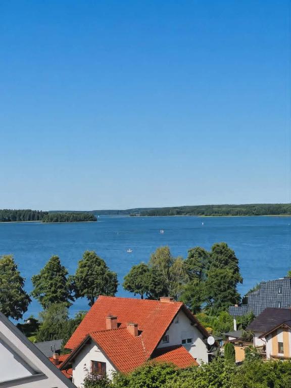 a view of a lake and houses at Artystyczny Picasso apartament z widokiem na jezioro i tarasem in Charzykowy