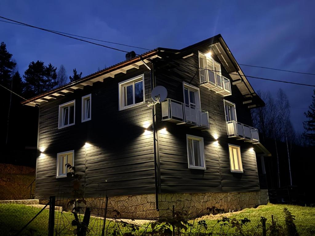 a house with lights on the side of it at night at Vista Guest House in Yaremche
