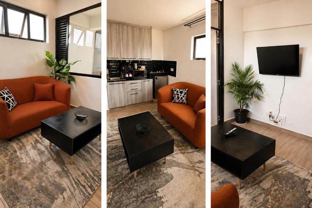 three pictures of a living room with a couch and a table at Starla Apartment in Kinoo