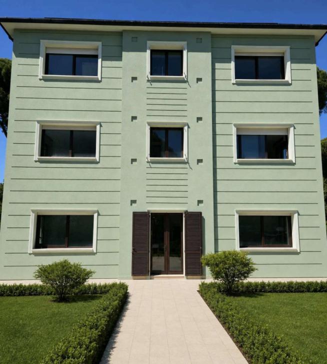 a large green building with a door in front of it at Hotel Venus in Milano Marittima