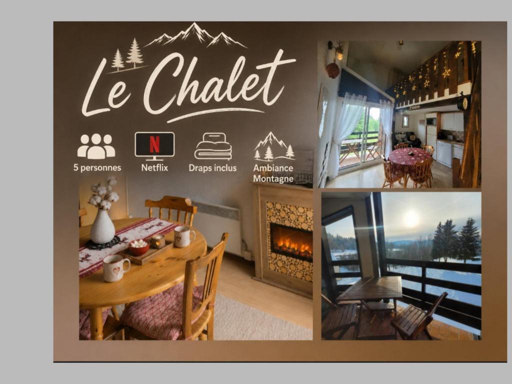 a collage of photos of a house with a table and a fireplace at LE CHALET, Superbe Duplex avec Balcon aux Rousses, Netflix, WI-FI, Parking Gratuit et Draps inclus - Animaux Interdits in Les Rousses