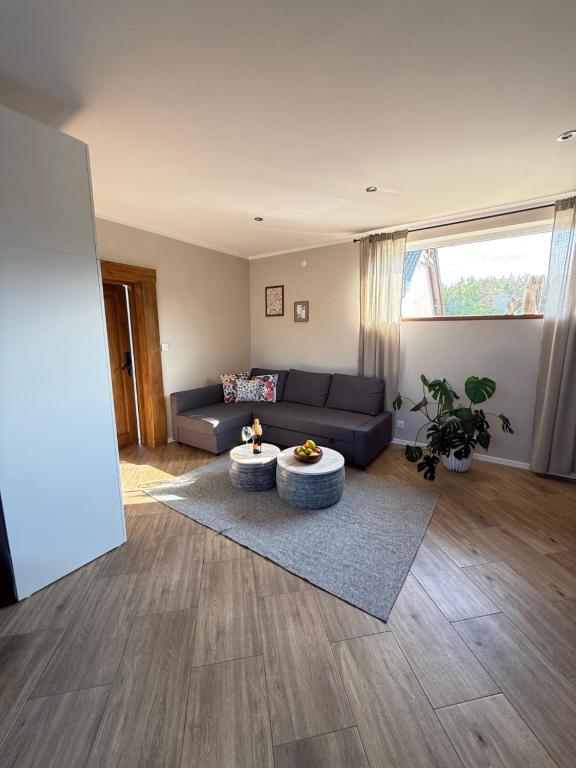 a living room with a couch and a table at Dom na wsi in Chmielno