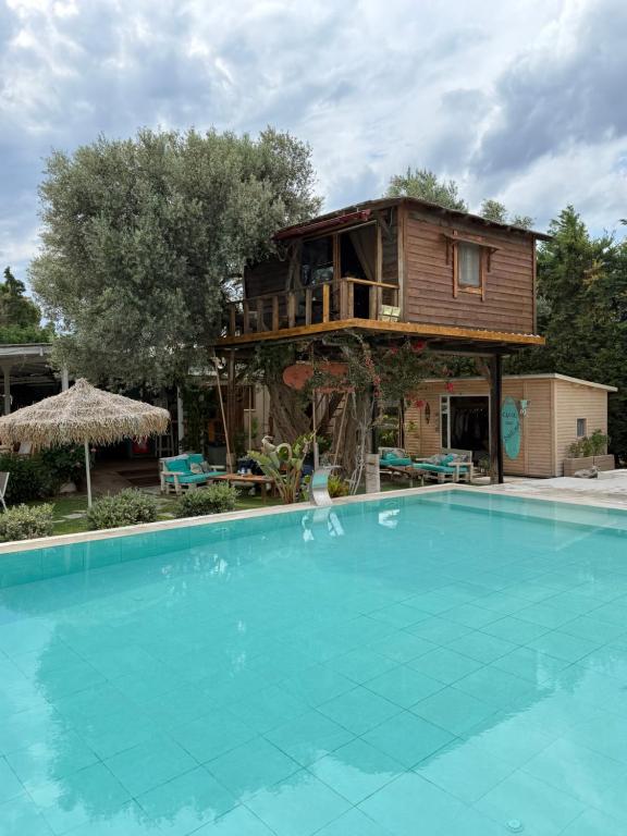 a tree house with a pool in front of it at Tuz Treehouse in Politika