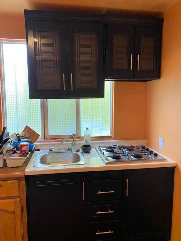 a kitchen with a stove and a sink at Family vacation, comfortable space in Zacatecas