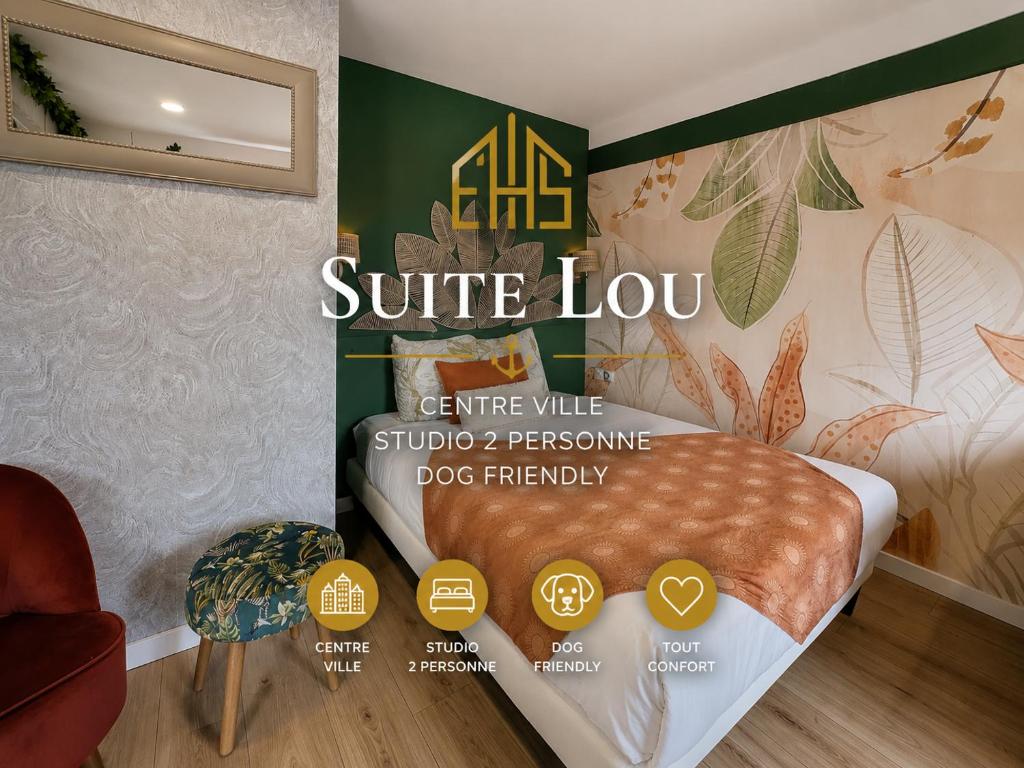 a poster for a suite lounge with a bed in a room at Suite Lou - Chic & Confort in Bray-Dunes