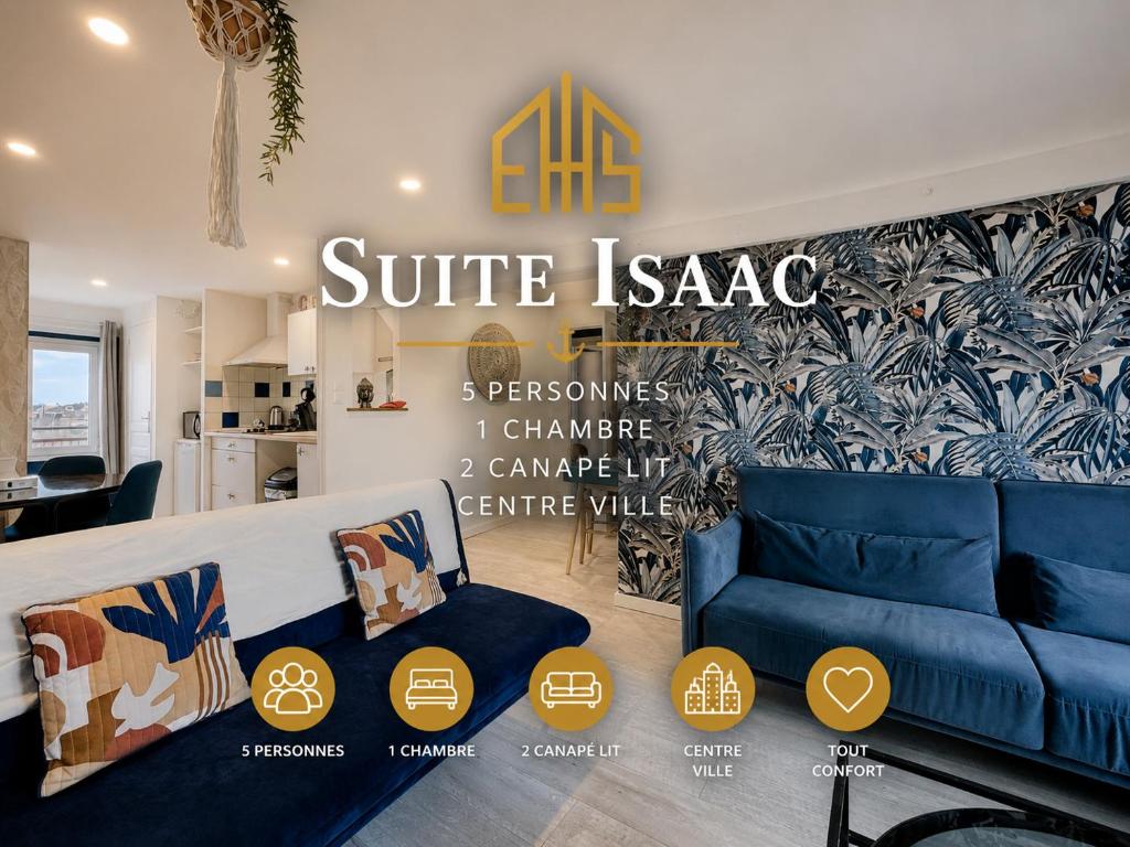 a living room with a blue couch and a wall at Suite Isaac - Appartement d'exception in Bray-Dunes