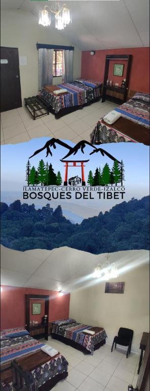 a room with a bed with a picture of a mountain at Bosques del Tibet in Cerro Verde