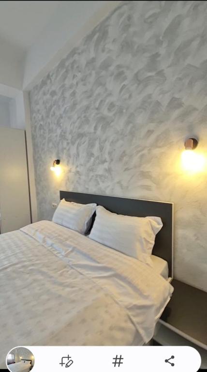 a bedroom with a white bed with two pillows at Coquette in Petrila