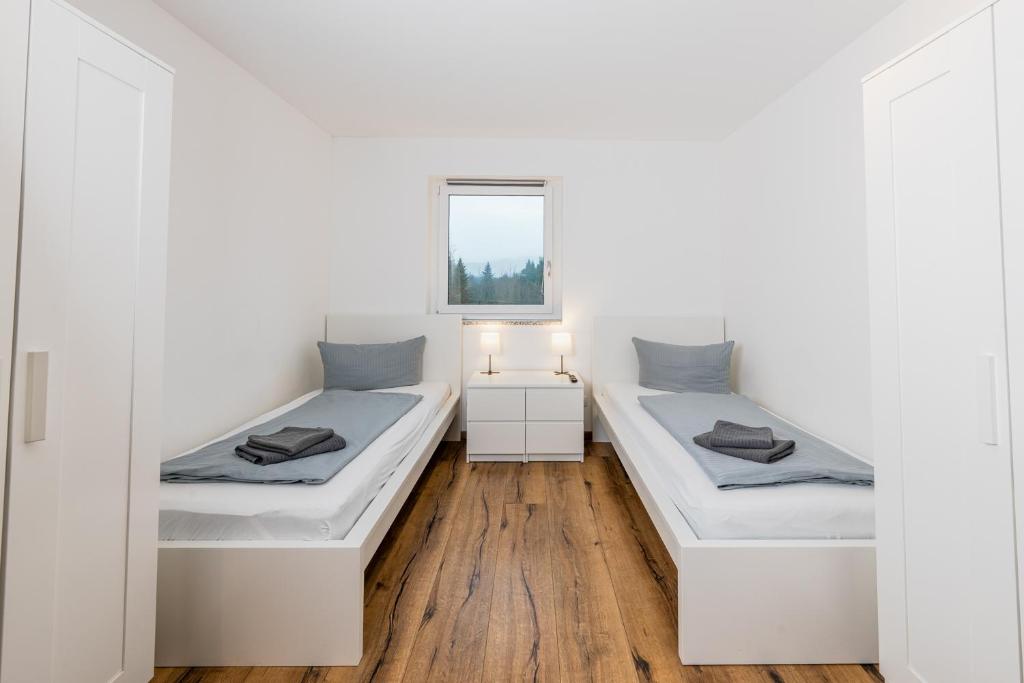a white room with two beds and a window at Schreinerfeld-Appartements in Ergolding