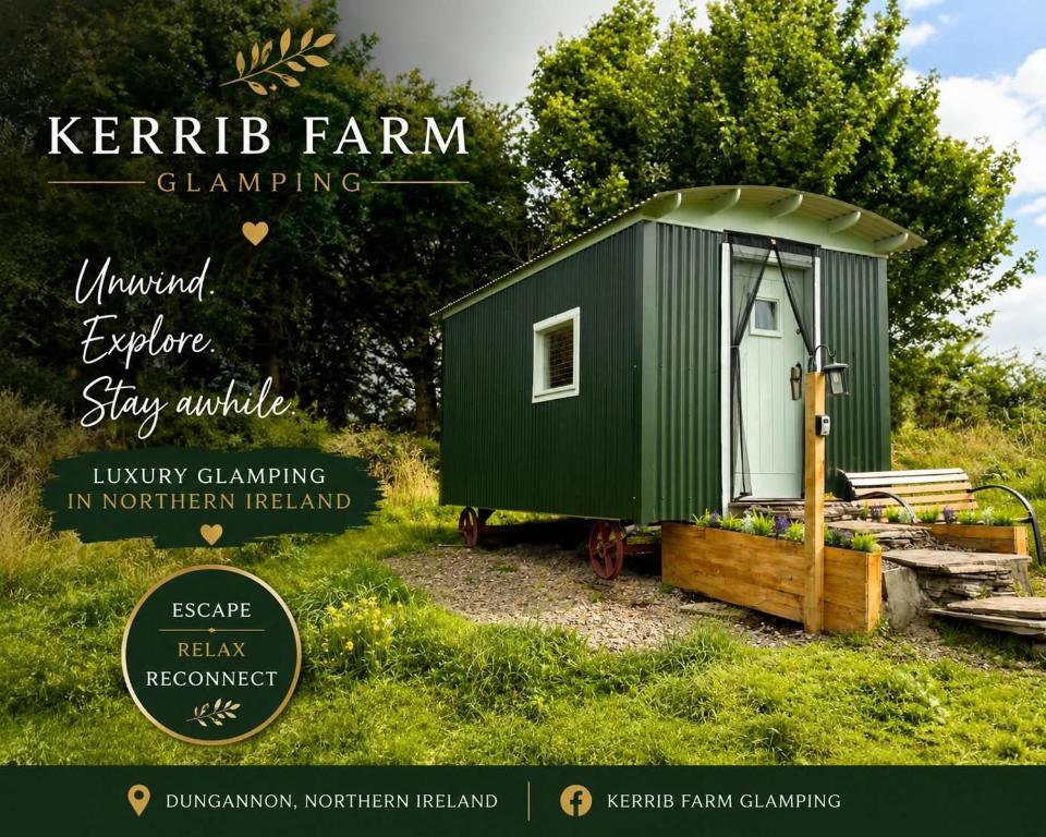 a green tiny house sitting in a yard at Kerrib Farm Shepherds Hut in Pomeroy