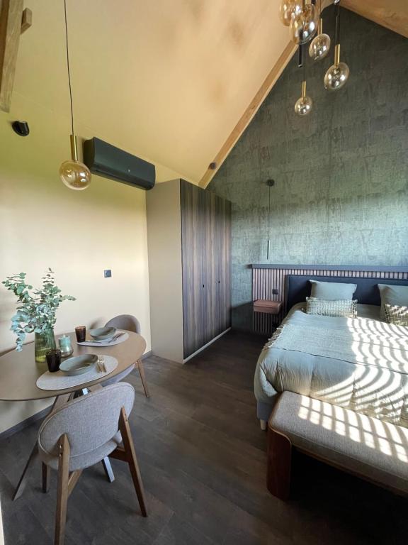 a bedroom with a bed and a table and chairs at La Gazolina in Boeseghem