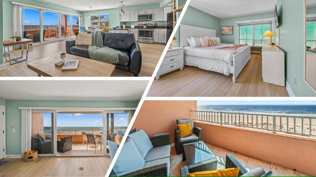 a collage of four pictures of a living room and a kitchen at Beachfront Waves in Bradenton Beach