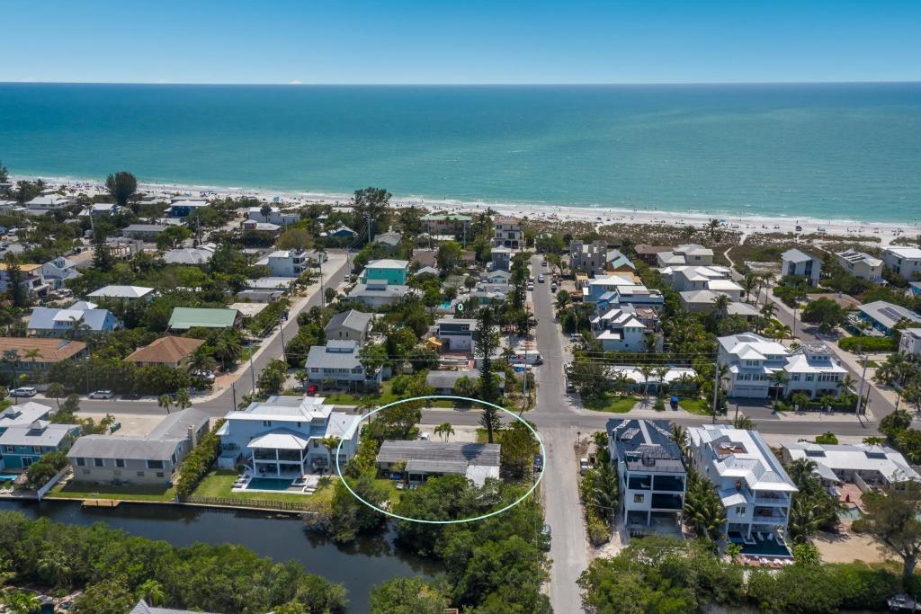 an aerial view of a suburb with houses at Bos Beach Bungalow in Anna Maria