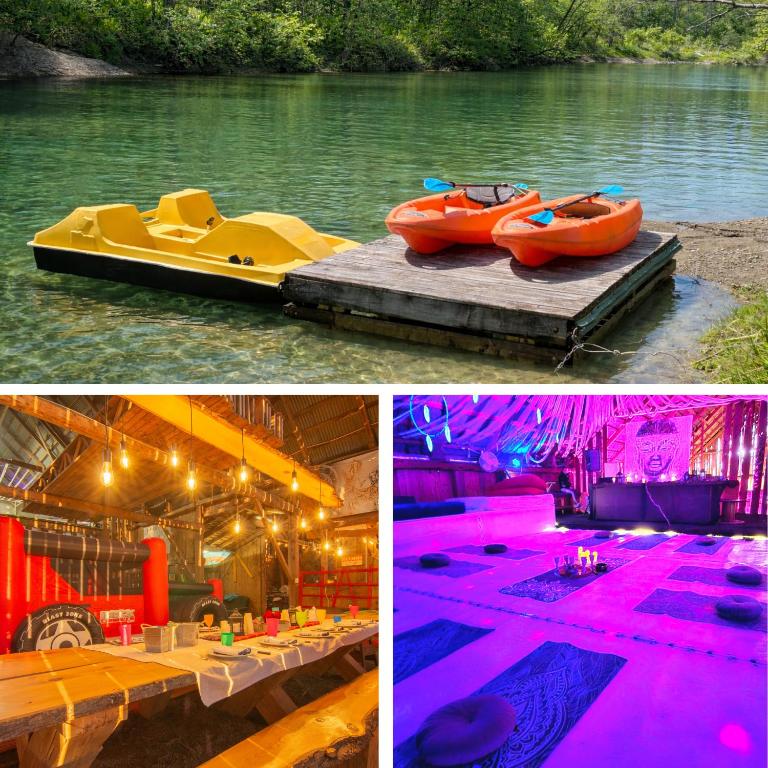 two pictures of a pool with a boat in the water at Domaine pour 27 pers avec SPA et GRANGE Festive in Saint-Justin
