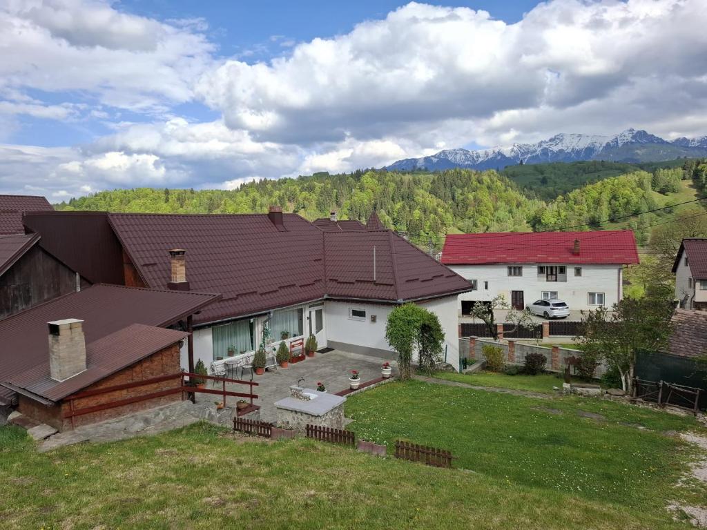 an aerial view of a house with mountains in the background at Casuta din Crang in Moieciu de Jos