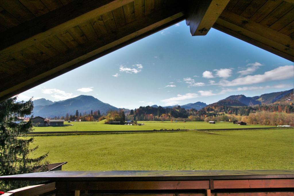 Blick auf ein grünes Feld von der Veranda aus in der Unterkunft Alpenflair Ferienwohnungen Whg. 304+203 in Oberstdorf