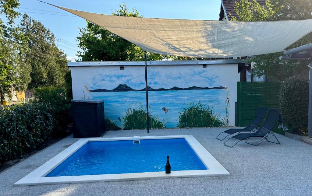 a bottle of beer sitting in a swimming pool at Johanna Balatoni Ház in Balatonfenyves