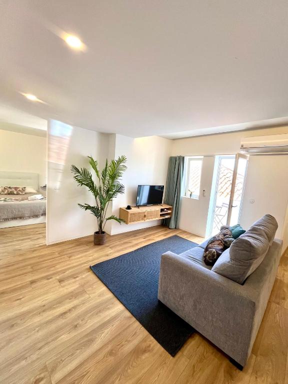 a living room with a couch and a television at Loft City Center Viana in Viana do Castelo