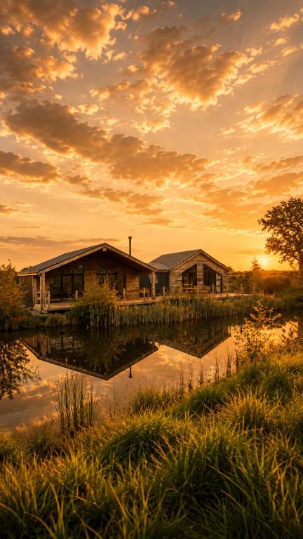 a couple of buildings sitting next to a body of water at Oak - The Nook Lodges in Wrenbury